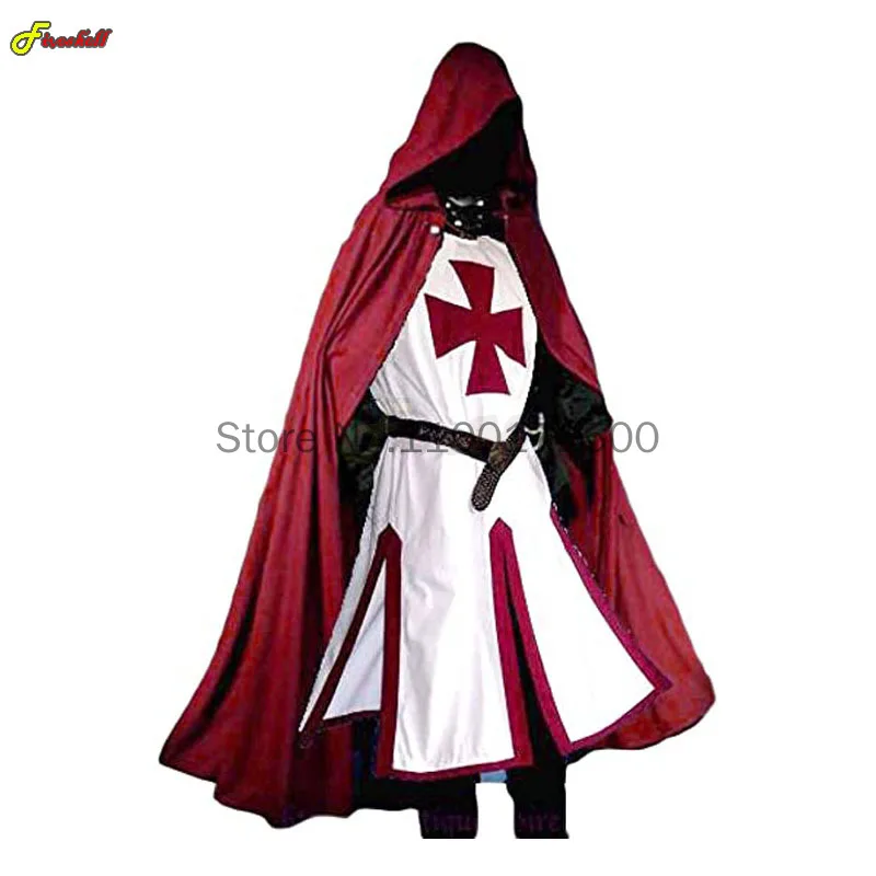 

S-4XL Mens Medieval Crusader Knights Templar Tunic Cosplay Costumes Renaissance Halloween Surcoat Warrior Black Plague Cloak Top
