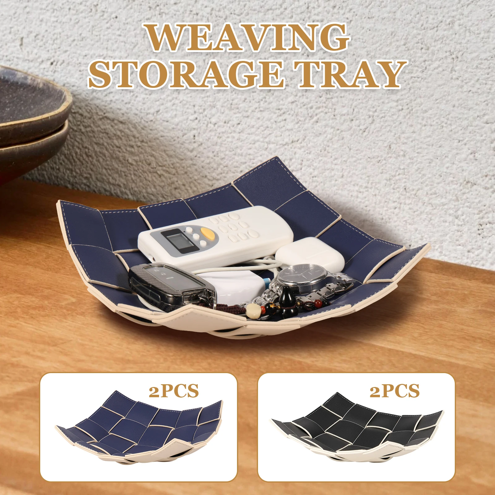 2 Pcs Valet Tray PU Leather Key Bowl Reversible Phone Wallet Coin Desktop Storage Tray Organizer Square Weave Nightstand