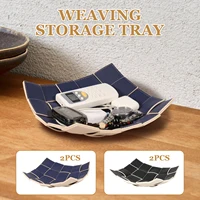 2 Pcs Valet Tray PU Leather Key Bowl Reversible Phone  Wallet Coin Desktop Storage Tray Organizer Square Weave Nightstand 2