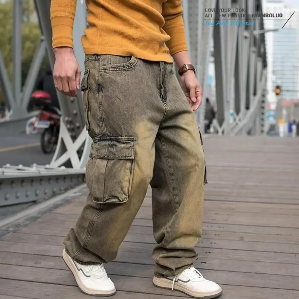 

Брюки-карго мужские прямые, модные повседневные джинсы, Свободные мешковатые брюки, модная уличная одежда из денима в стиле ретро, с потертым карманом