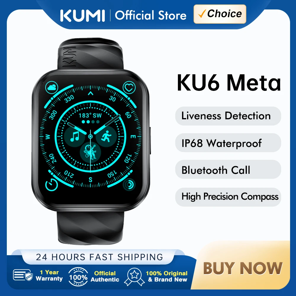 

World Premiere KUMI KU6 Meta Smart Watch IP68 Waterproof 1.96" 100+Exquisite Dial with Compass Bluetooth Call Liveness Detection