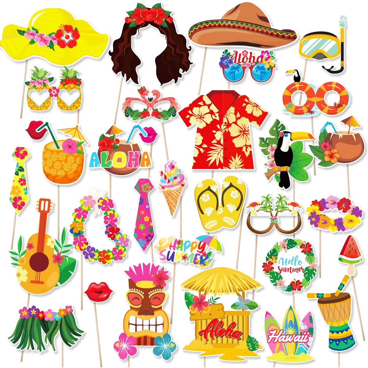 Hawaiian Theme Photo Booth Props Flower Guitar Pineapple Flamingo for Summer Beach Birthday Wedding Party Decoration