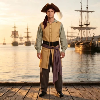 Costume da Pirata Medievale per Uomo, Outfit da Bucaniere Rinascimentale con Cappello Tricorno, Camicia e Pantaloni, per Halloween, Carnevale, Cosplay per Adulti