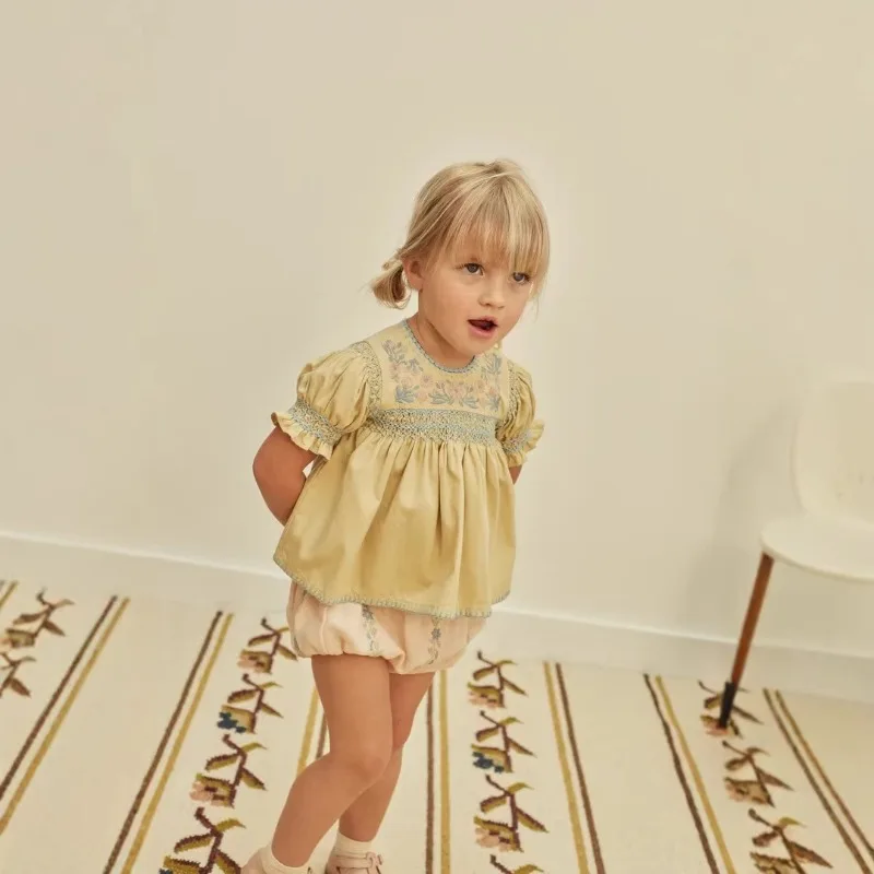 Girls' Tops in Stock 2026 AP New Summer Rompers Baby Embroidered Flower Shirt Flower Bud Pants Baby Color Stripe Crawling Suit - 2