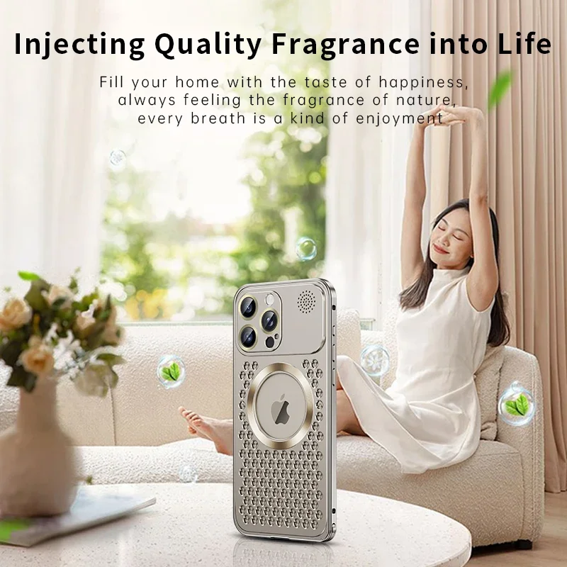 Aromatherapy Metal Mesh Case For iPhone 15 14 13 Pro Max MagSafe Wireless Charging With Camera Lens Protection Hole Logo Cover