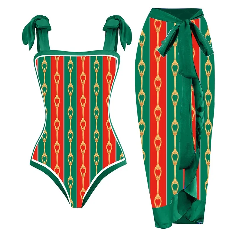 Bikini Bodysuit Swimwear Women With Skirt Bathing Suit Summer New Ruffle Splice Print Beachwear Holiday Bikini Cover Ups Outfits