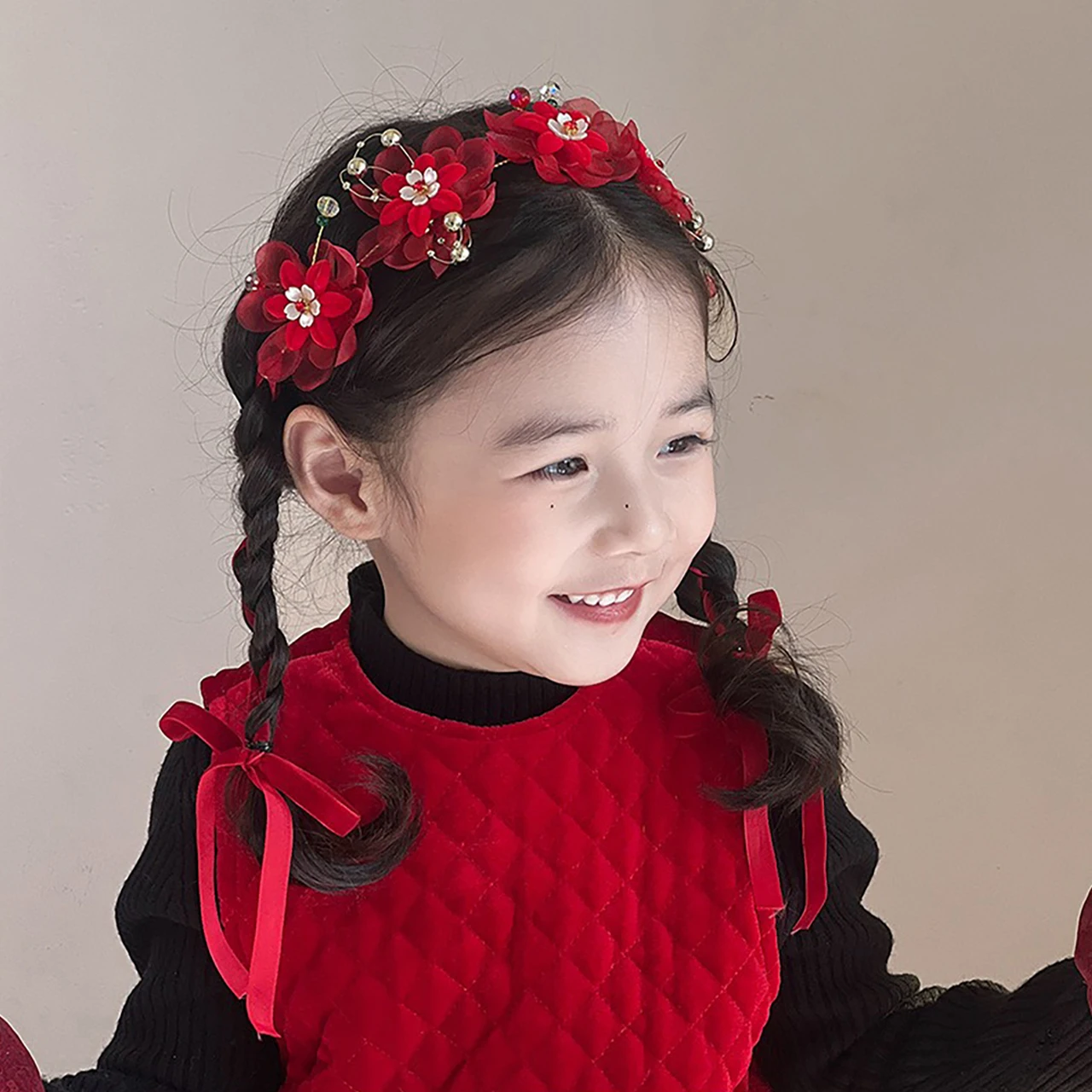 여아 빨간색 새해 왕관  머리띠 꽃 머리띠 여자아이 나비 땋은 리본 머리띠 어린이 미끄럼 방지 헤어밴드