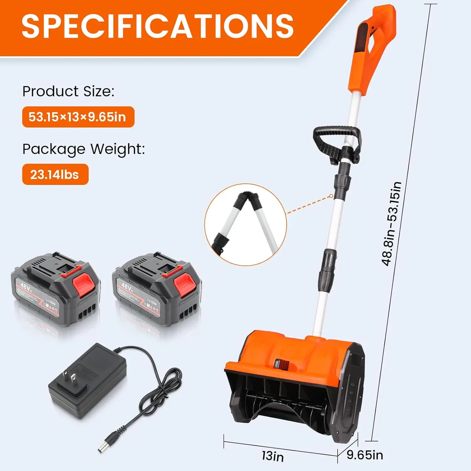 13" Cordless Snow Shovel, 2x 48V 600W Motor 4-Ah Battery Powered Snow Blower 8" Depth Electric Snow Shovel with Directional