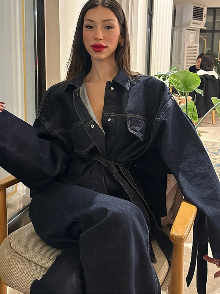 Vintage Denim Jacket Pants Set Women Lapel Single Breasted