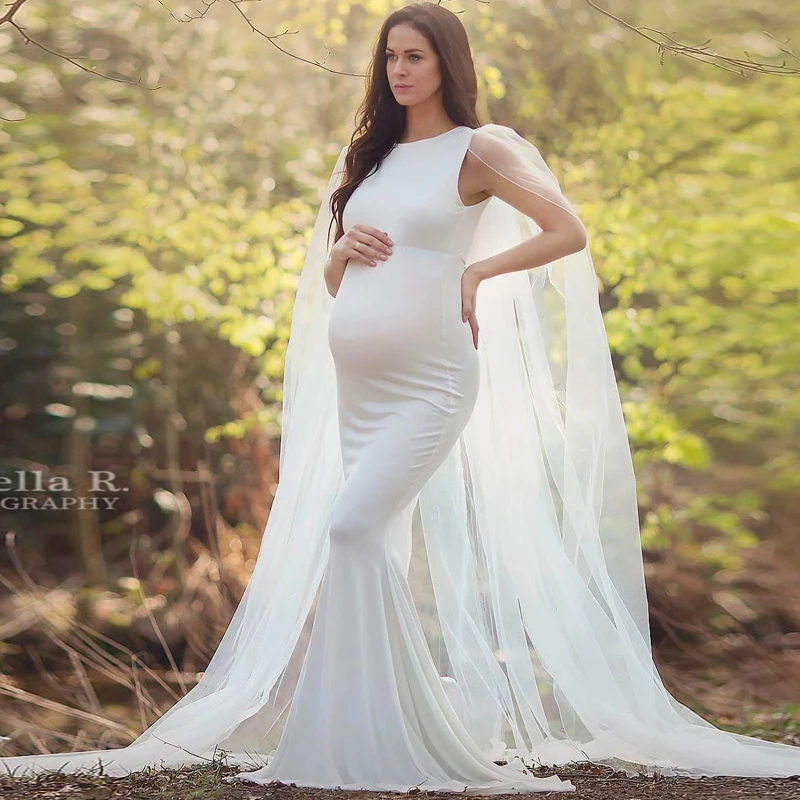 

Pregnancy Maxi Dress Photography Prop Long Lace White Dresses + Cloak Maternity Gown for Pregnant Women Photo Shoot Prom Dress