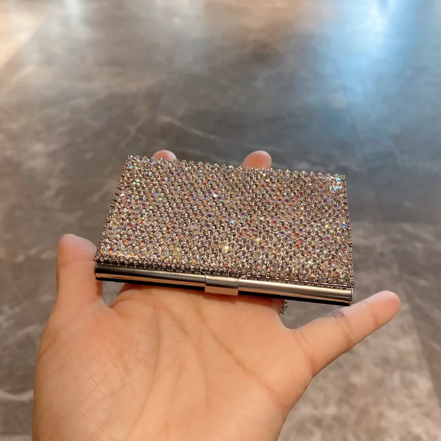 Strasszos Névjegykártya Tok Bling -Tulajdonos Női Ajándék Mini Rozsdamentes Acél Fém Doboz Hitel Azonosítója Pénztárca Kártya Tartó - Image 6