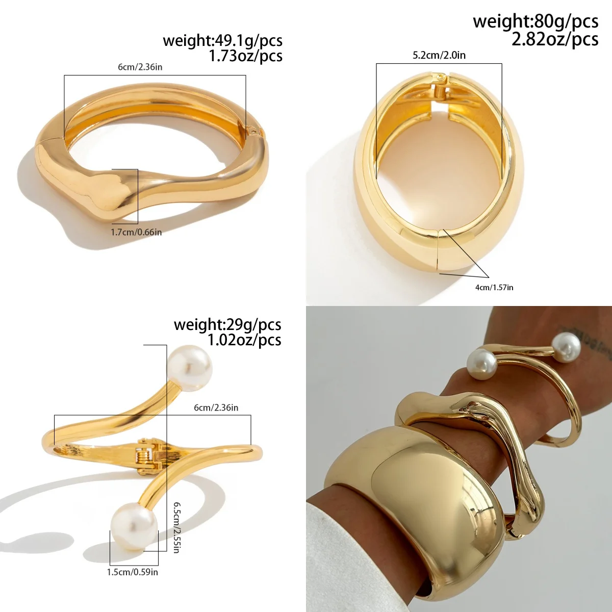 DIEZI Exaggerated Chunky Cuff Wide Bangles Punk Geometric Imitation Pearl Gold Color Heavy Metal Bangles For Women Men Bracelets 2
