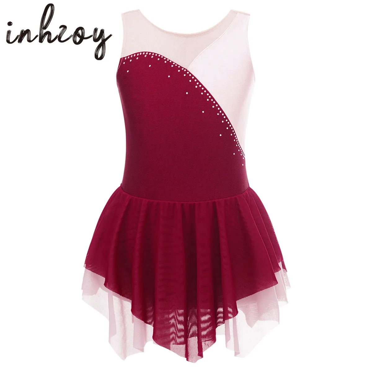 

Shiny Rhinestone Figure Ice Skating Dress Kids Girls Sleeveless Mesh Tulle Gymnastics Leotard Ballroom Ballet Dance Costumes