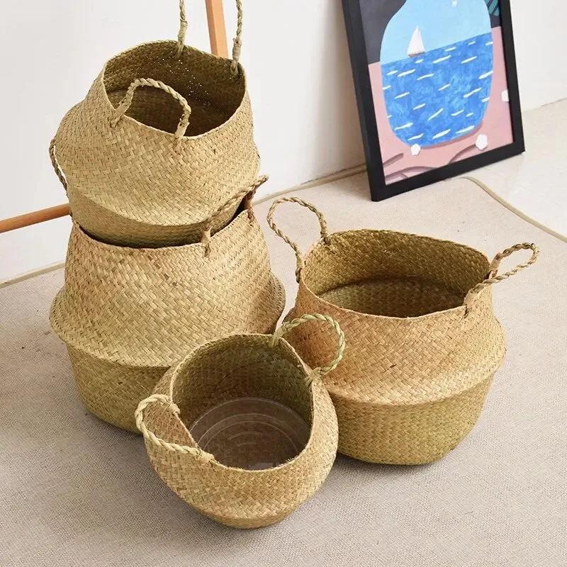Storage basket flower pot plant pot Wicker Basket Toy Organizer Folding Rattan Seagrass Storage Basket Laundry Woven Plant Flower Pot Home Garden