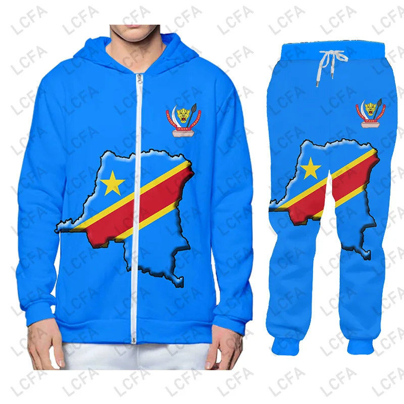 Zaire DR Congo Flag Zip up Hoodies Jacket Pants Tracksuit Men Print Oversize African Pullover Sweatshirt Unisex Clothes Dropship 3