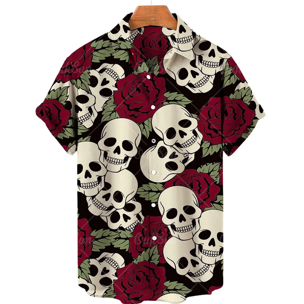 Skull Print Hawaiian Shirt Men Summer Short Sleeve Loose Beach Breathable Hip Hop Harajuku Top Oversize 5XL 5