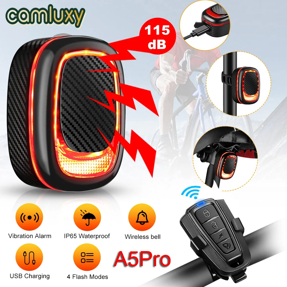Camluxy bicykl alarm taillight vodotěsný burglar jízdní kolo lehký USB nabíjení chytrá auto brzda sensing daleký ovládání bicykl lampa