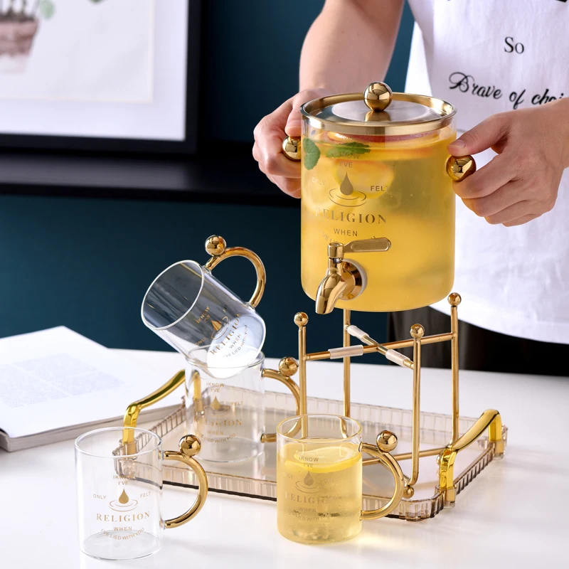 

Glass Beverage Tank With Tap 1.8L/4L Large Capacity Juice Barrel Fridge Cold Water Pitcher Summer Tea Set