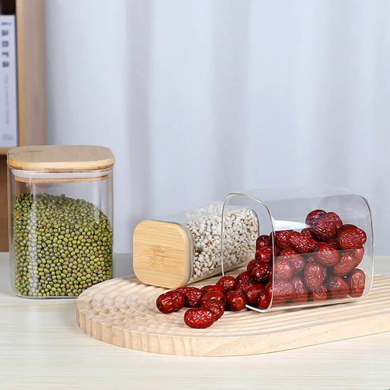 Square Glass Storage Jars with Bamboo Cover, Sealed Glass Bottle, Kitchen Seasoning Pot, 250ml, 6 Units 2
