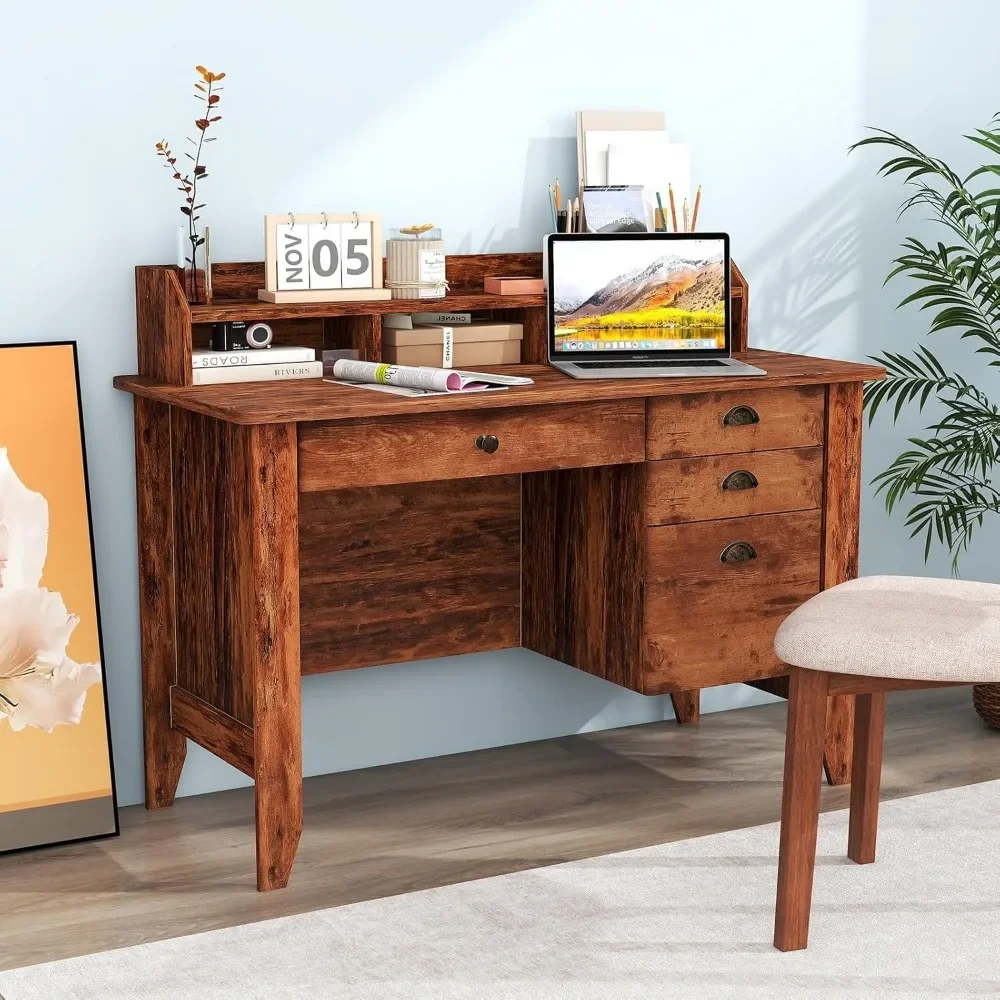 48" Computer Desk with 4 Storage Drawers，Hutch for PC Laptop Table，3 Storage Cabinets，Wood Executive Table