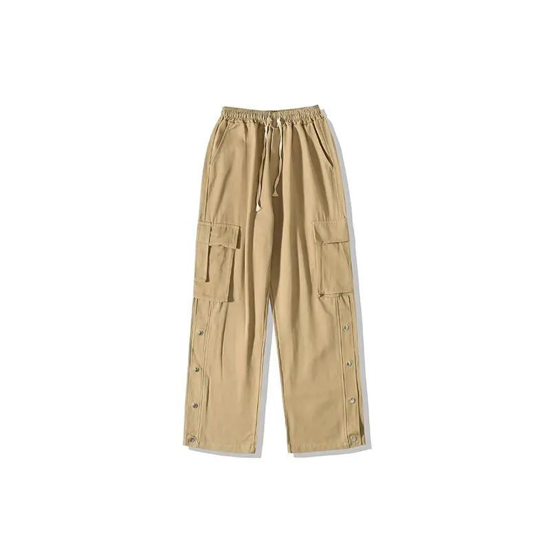 Summer New Solid Color Fashion Elastic Waist Cargo Pants Man Drawstring Pockets Patchwork Button Pure Cotton Y2K Straight Pants