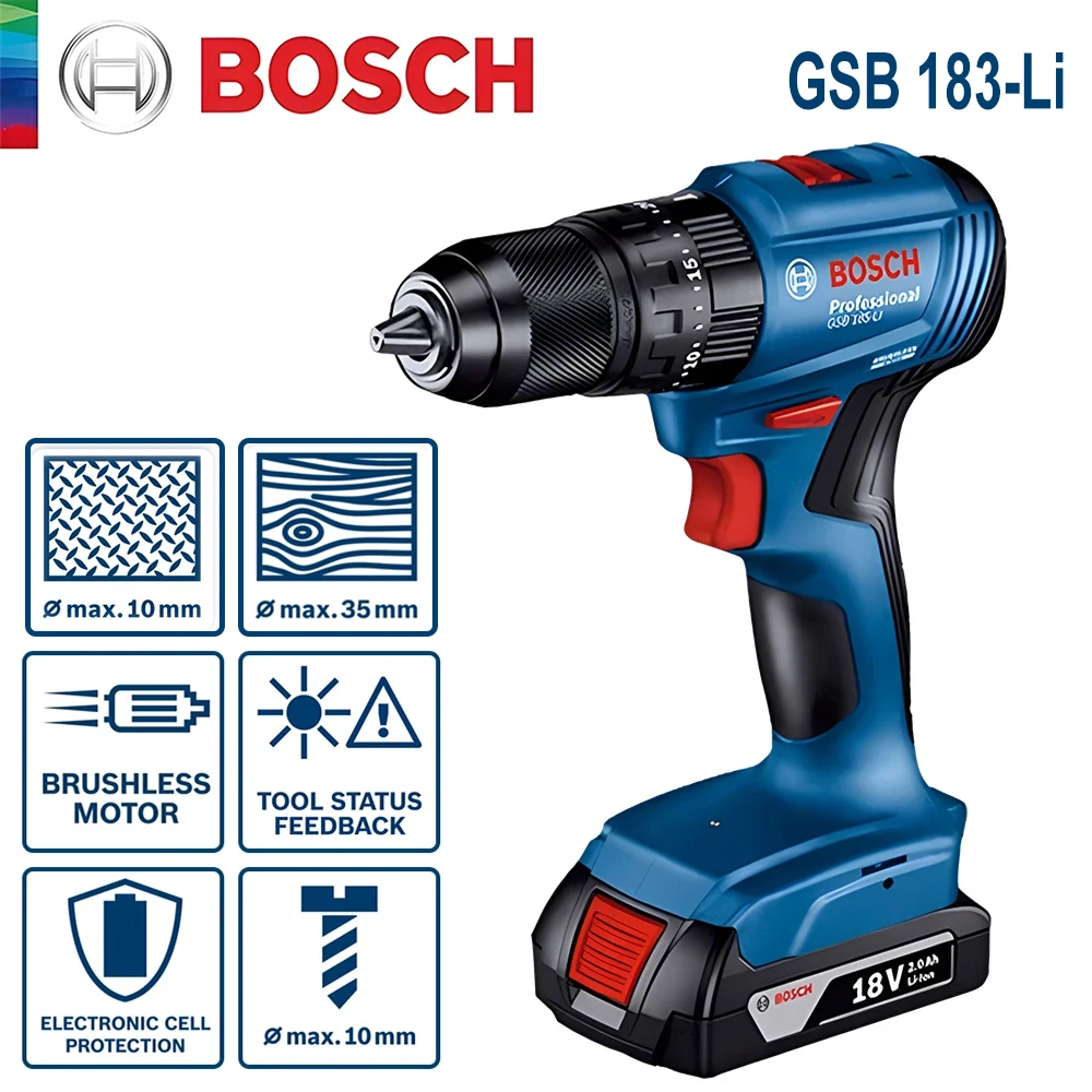 

Электрическая дрель Bosch GSB 183, шуруповерт, беспроводная бесщеточная Ударная дрель, крутящий момент 56 нм, многофункциональные электроинструменты для фототехники