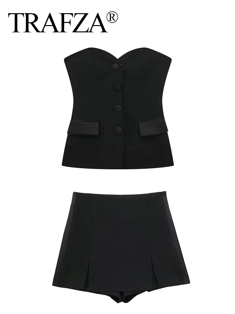 HH Summer Women Elegant Pink Shorts Skirts Sets Front Button Tube Tops Slim Slit Shorts Culottes Female Fashion Streetwear