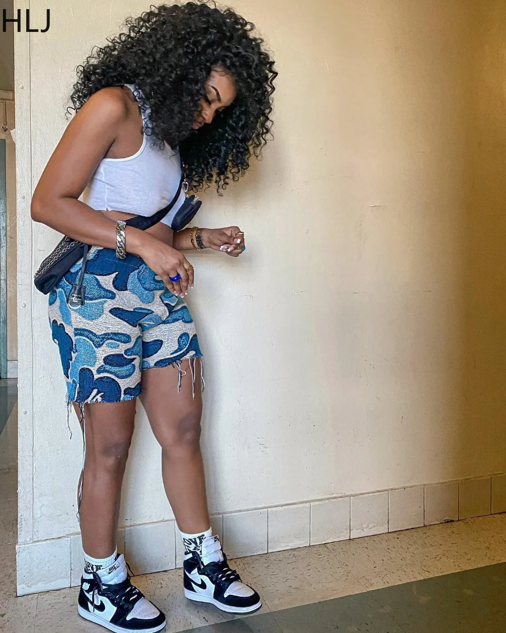 HLJ Summer Fashion Camouflage Print Street Style Women Elastic Waist Loose Holidays Matching Shorts Casual Female Trendy Bottoms
