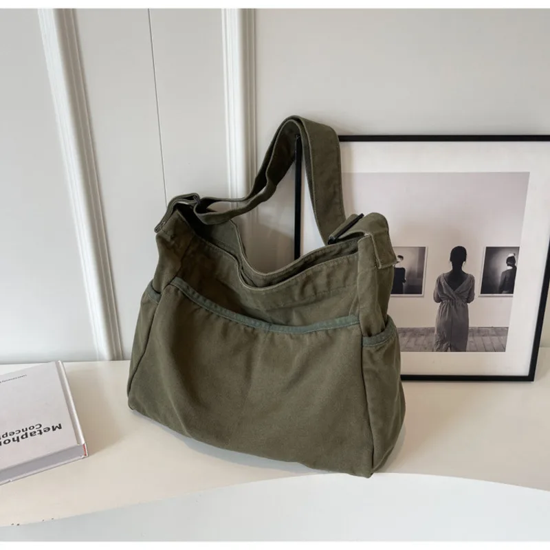 Women's Tote Bag 2024 New Washed Canvas Solid Color Simple Large Capacity Travel Fashion Crossbody Bag