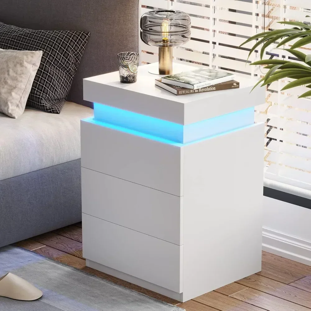 Nightstand with Charging Station and LED Lights,Night Stand with Sliding Top for Bedroom,Bedside Table with Drawers,Modern End 5