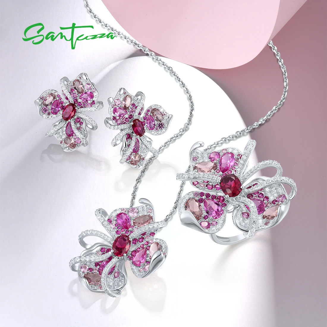 SANTUZZA Real 925 Sterling Silver Jewelry Set For Women Created Ruby Pink Sapphire Earrings Ring Pendant Set Flower Fine Jewelry