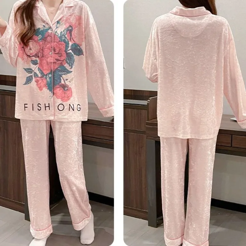 2024 New Pastoral Style Golden Velvet Spring Autumn Pajamas Women's Winter Long-sleeved Cardigans Sleepwear V-neck Loungewear