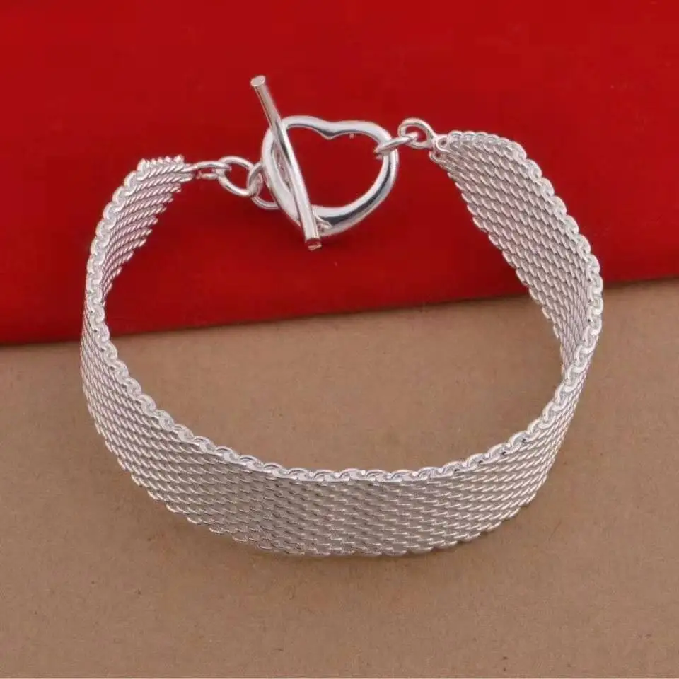 

Beautiful 925 Sterling Silver Mesh Bracelets Heart Clasp Nice for Wedding Women Chain Charm Fashion Gorgeous Jewelry 16MM Width