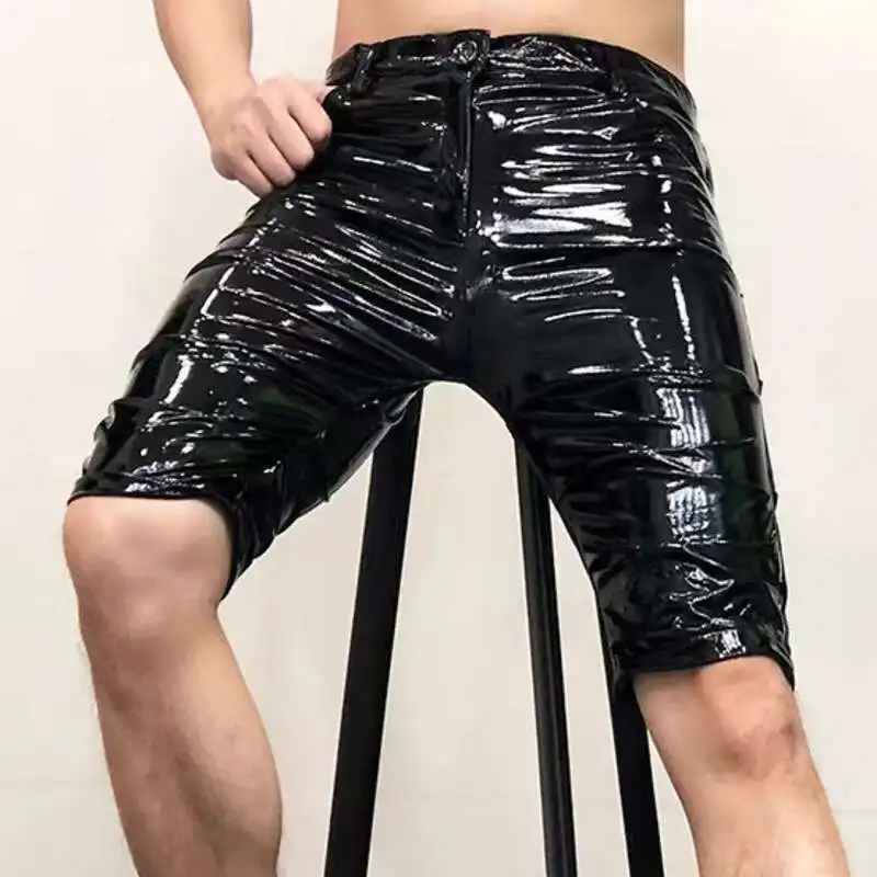 Shinny Leather Short Sexy Nightclub Multicolor Elasticity Slim Men Motorcycle Shorts Men's DS Costumes Anti-bright PU Pant