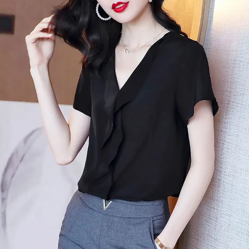 

Summer Stylish Ruffles Spliced Blouse Women's Clothing Korean Solid Color All-match Commute Elegant V-Neck Loose Chiffon Shirt