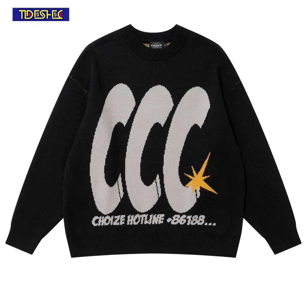 

Streetwear Letter Graphic Knitted Sweater 2023 Men Casual Loose Sweater Hip Hop Vintage Pullover Oversized Harajuku Sweater