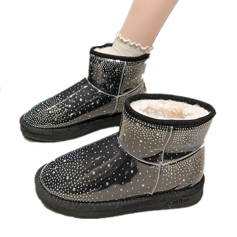 Winter Ankle Snow Boots Luxury Crystal Flats Women Shoes Plush Fur Warm Chelsea Boots Designer New Cotton Shoes Fashion Comfort