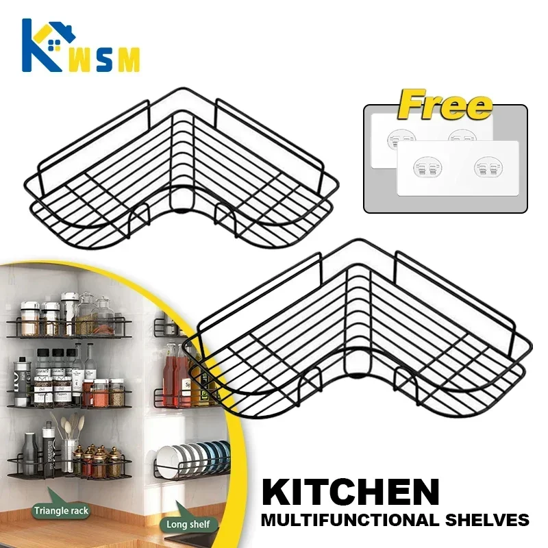 New Kitchen Shelf Drill-Free Metal Shelf Wall Mounted Spice Organizer Kitchen Multifunctional Corner Accessories