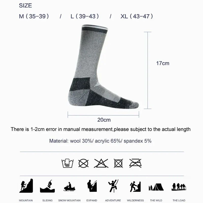 Merino Wool Ski Hiking Thermal Socks Men Women Winter Outdoor Sports Mountaineering Thicken Breathable Size 35-47 2 Pairs