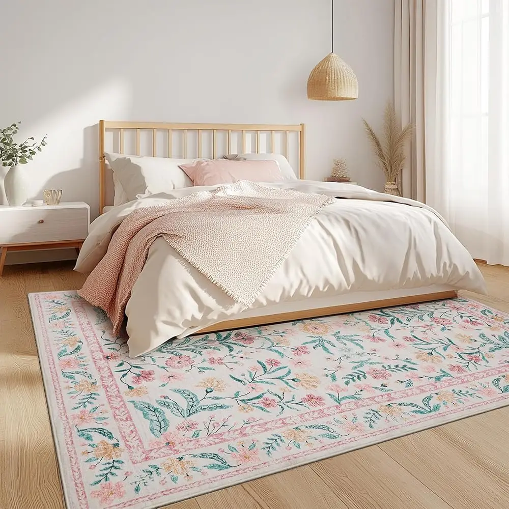 8×10 Washable Pink Boho Floral Area Rug 2