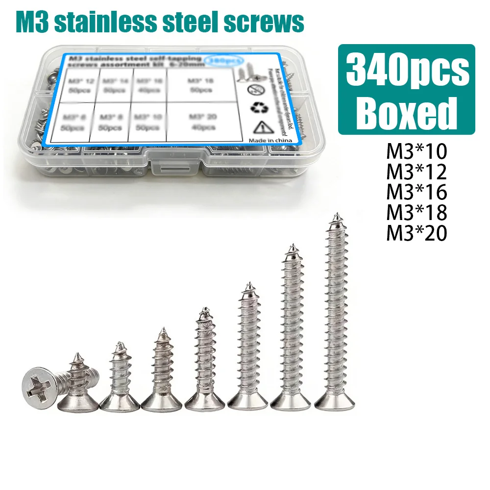 340피스 고강도 셀프 태핑 나사 세트, M3(10mm,12mm,16mm,18mm,20mm)...