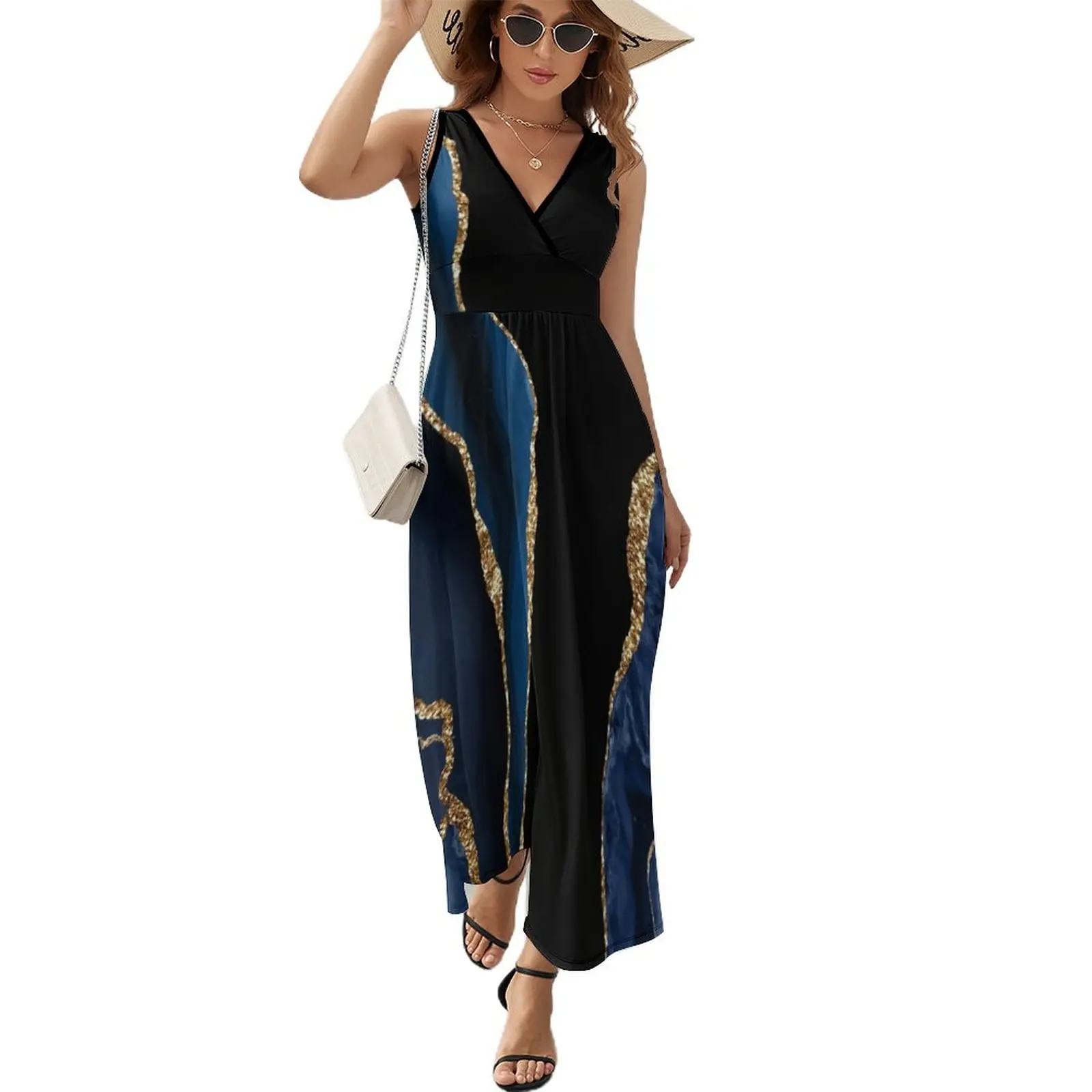 

Abstract Blue and Gold Modern Geode Agate Design Sleeveless Dress Women's skirt elegant party dresses for women 2023