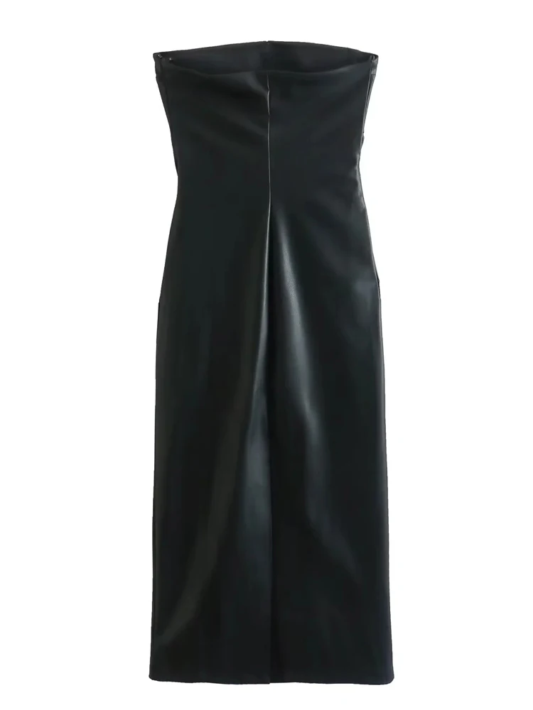 TRAF Black Faux Leather Dress Woman Off Shoulder Bodycon Long Dresses For Women Sexy Backless Dress 2023 Midi Party Dresses