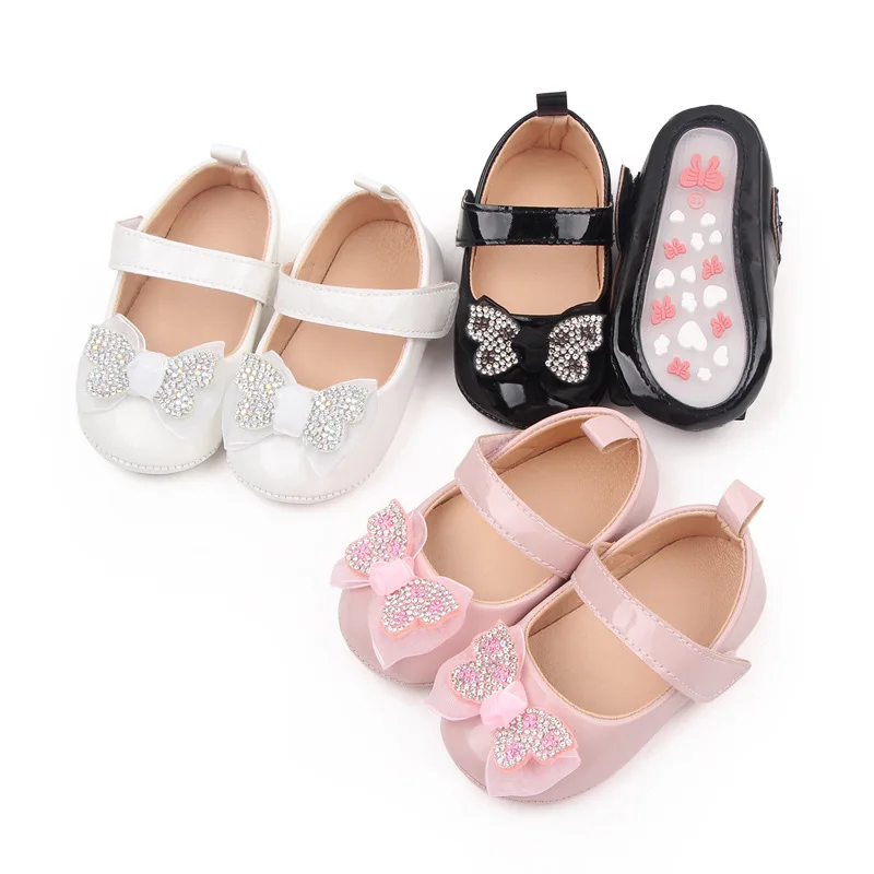 Newborn Baby Girl Shoes Classic Bowknot Rubber Sole Anti-slip PU Leather First Walker Toddler Crib