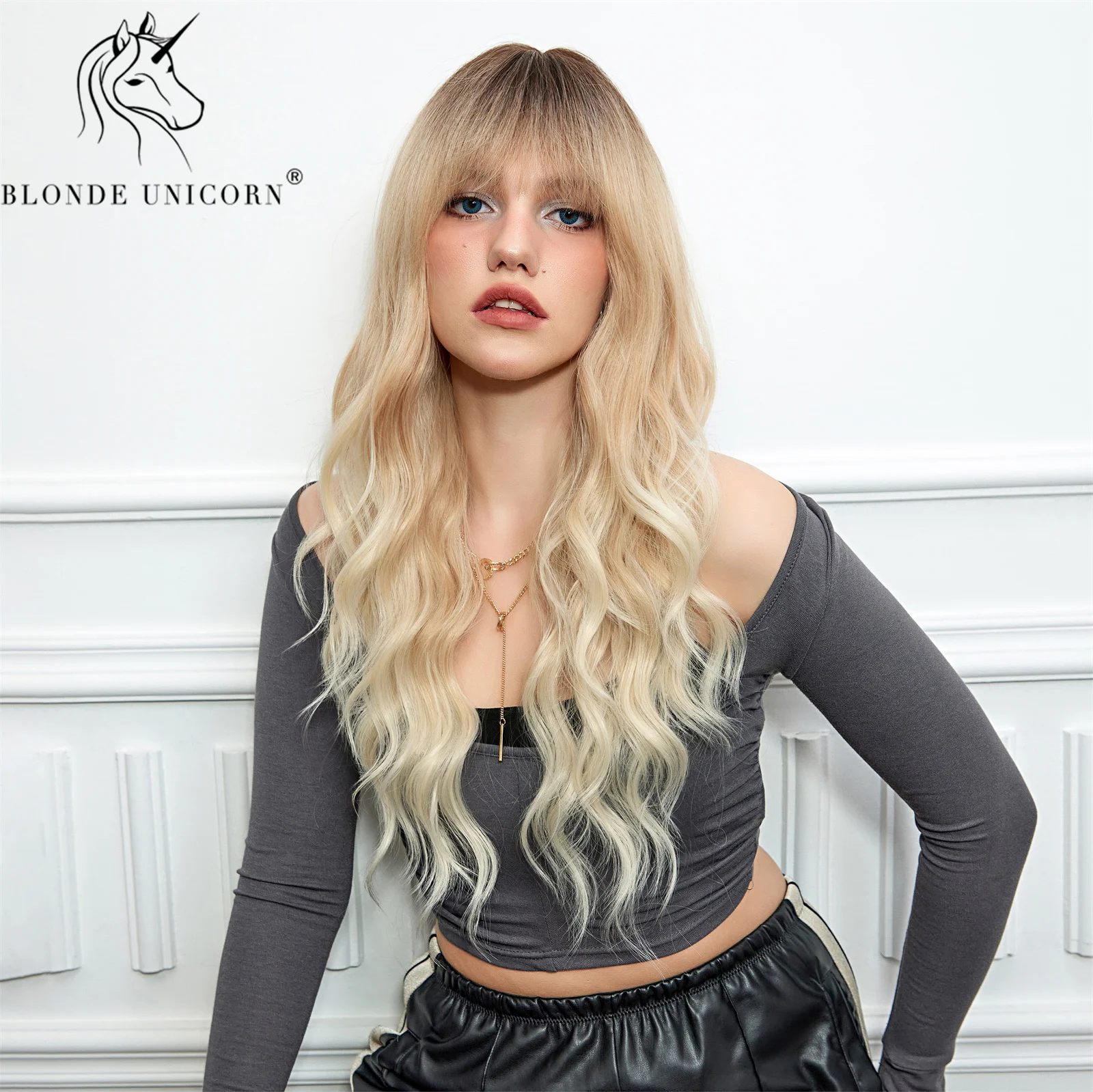 Blonde Unicorn Long Synthetic Ombre Brown Blonde Wig Wavy Wigs with Bangs Cosplay  Wigs for Women Party Use Heat Resistant Fiber