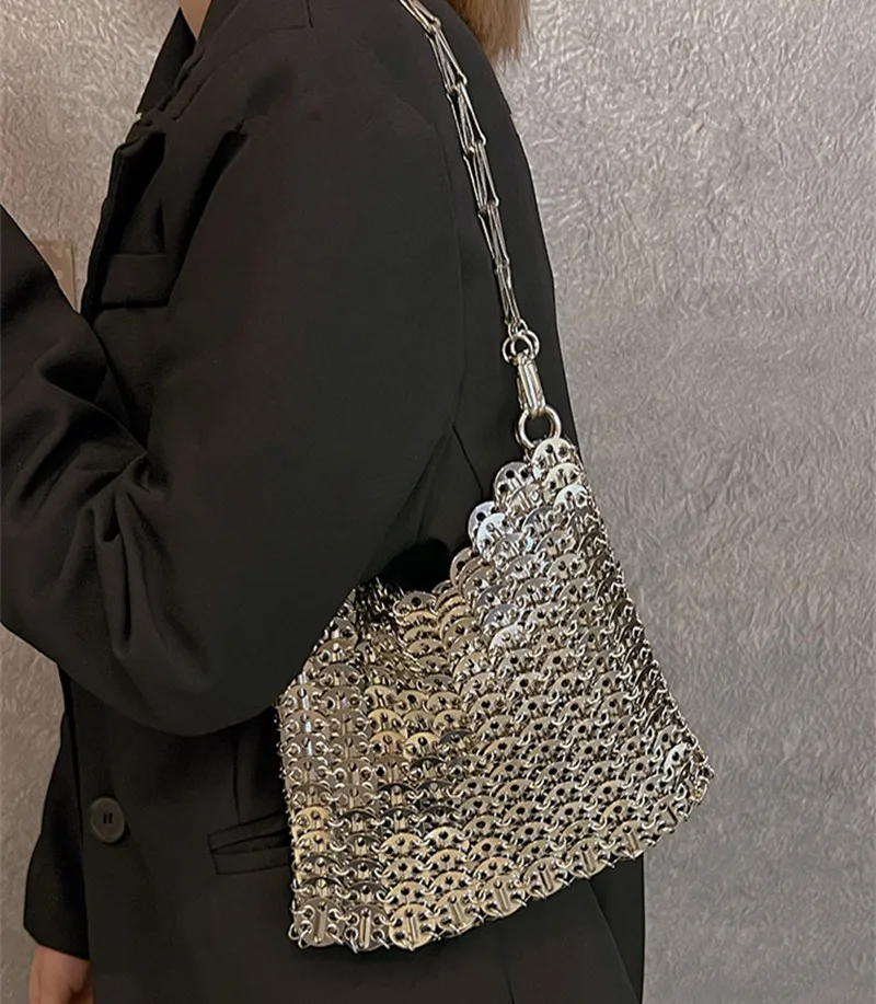 Luxury Designer Women's Bag Trend Hand Woven Hollow Metal Chain Tote Bag Clutch Female Bag Travel Holiday Shoulder Bag Handbag 4