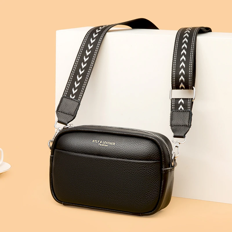 Genuine Leather Crossbody Bag For Women - Adjustable Shoulder Bag, Multiple Pockets, Black (22x15x8 Cm)