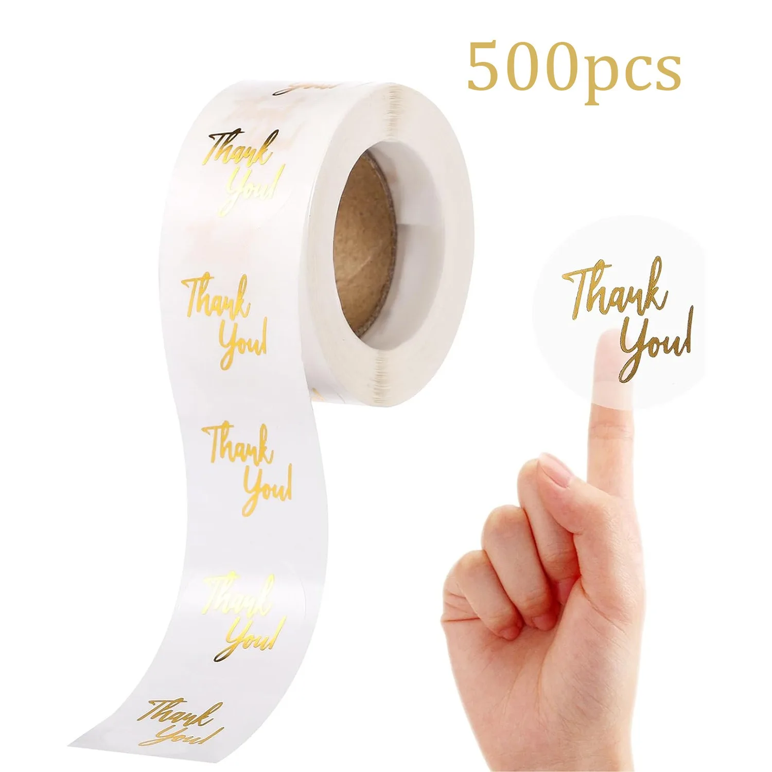 Roll of transparent adhesive thank you stickers on table