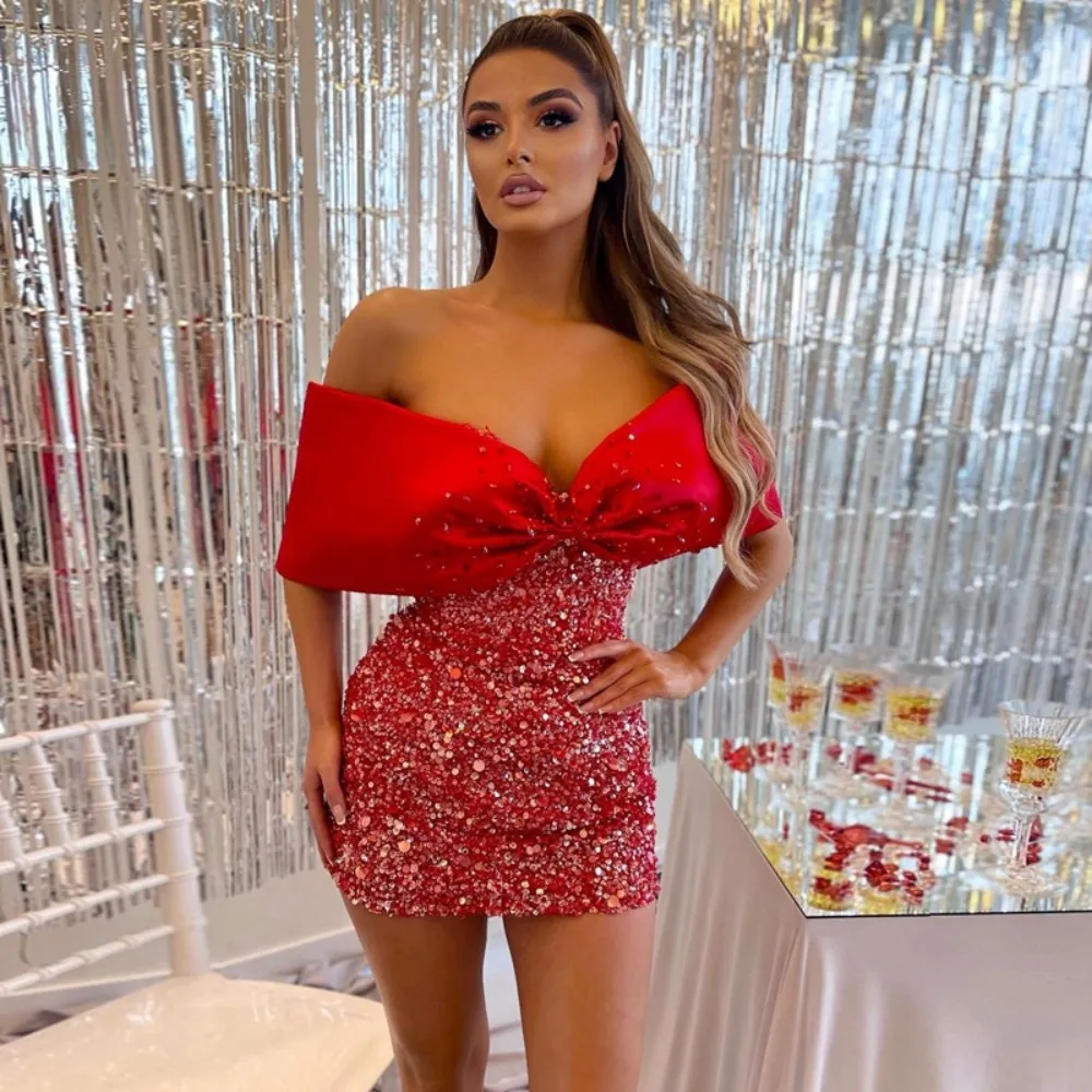 

Sexy Red Beading Sequined Cocktail Dresses Big Bow Crystals Short Mini Skirt Off The Shoulder Glitter Homecoming Prom Party Gown