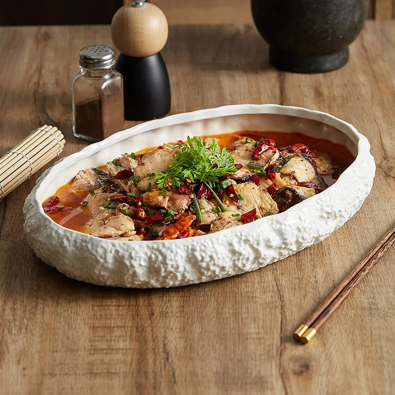 Large Steamed Fish Deep Dish with Rock Pattern,New Ceramic Sashimi Seafood Plate for Home Use,Hotel Clubhouse Lobster Plate